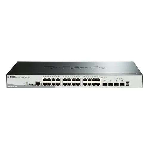 D-Link DGS-1510-28P/E - 28-Port Smart Managed Gigabit Stack Switch - 28-Port Layer 2/3 Switch mit 24 PoE-Ports, ideal für Netzwerkinfrastrukturen in Unternehmen. Hohe PoE-Kapazität von 193 W für flexible Geräteanbindung.