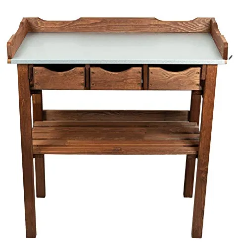 mgc24® Pflanztisch mit verzinkter Arbeitsplatte - 78x38x82cm aus Kiefernholz Dunkelbraun, mit Abstellboden / 3 Schubladen / 3 Haken - für Garten Balkon Terrasse