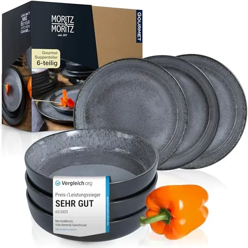 Moritz & Moritz VIDA Suppenteller Set Anthrazit - 6-teiliges Suppenteller-Set aus hochwertigem Porzellan, spülmaschinen- und mikrowellengeeignet, ideal für stilvolle Mahlzeiten und vielseitig einsetzbar.