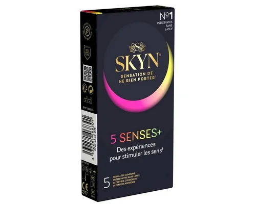 SKYN Kondome 5 Senses Packung mit, 5 St., hypoallergene Kondome, verschiedene Sorten, latexfreie Kondome im Mix für alle Sinne