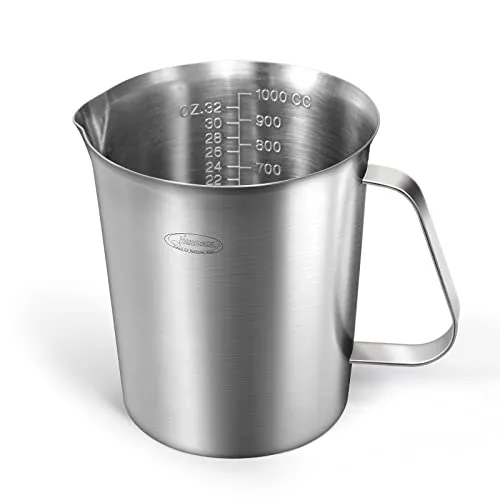 Newness Messbecher Edelstahl, 1000 ML [3 Messskalen, einschließlich Cups, ML, OZ Skala] Milchkännchen mit Markierung mit Griff, Messkanne Milk Pitcher, Edelstahl Messbecher 1l