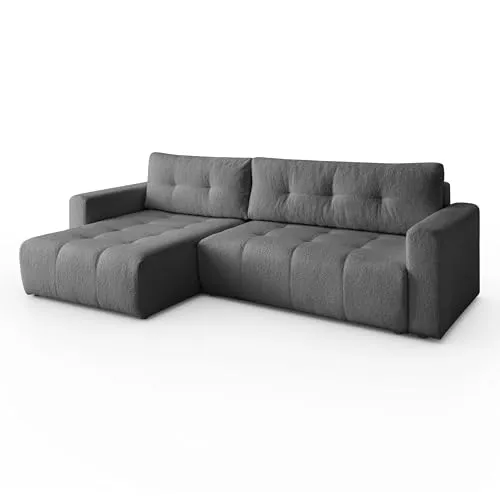 Margaret Hadas24 Ecksofa L-Form Viola 261 x 143 cm mit Schlaffunktion, Bettkasten, modernes Sofa, Schlafsofa, Schlafcouch, Lammfelloptik, Bequeme Wohnlandschaft, Stauraum, universale Seite (grau)