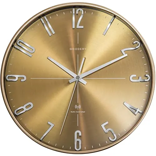 GOODERY Funkwanduhr Ø 30 cm Leise 3D | Große, Moderne, Analoge Wanduhr ohne Laute Tickgeräusche, Fast lautlos | Dekoration für Jede Wand | Uhr, Funk | Funkuhr | Gold