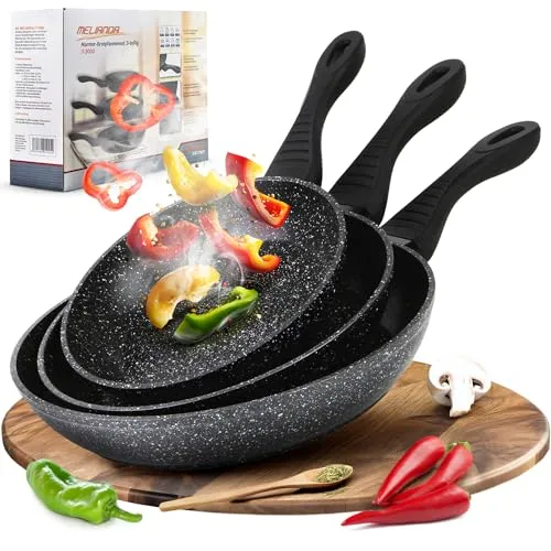 Melianda IT-3000 3tlg Pfannenset - Antihaft Marmoroptik - Pfannenset mit 3 Größen (20cm, 24cm, 28cm) für vielseitiges Kochen. Ideal für alle Herdarten, inklusive Induktion, und energieeffizient durch speziellen Sandwichboden.