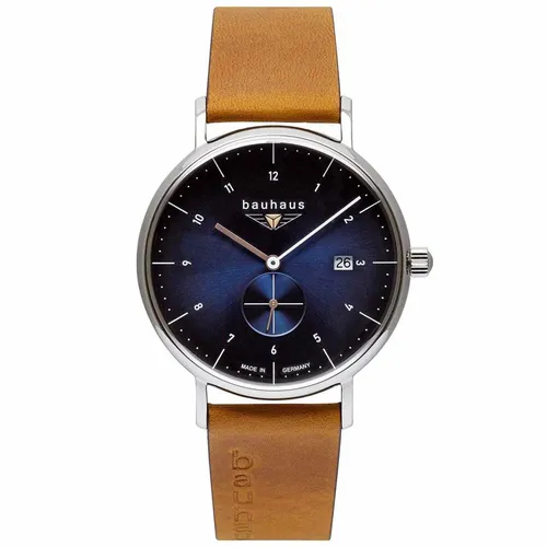 Bauhaus 2130-3 Quarz Uhr - Braun/Blau - Elegante Herrenarmbanduhr mit 41mm Edelstahlgehäuse, blauem Ziffernblatt und hochwertigem Lederarmband. Wasserdicht bis 5 ATM und ausgestattet mit präzisem Schweizer Quarzwerk für höchste Zuverlässigkeit.