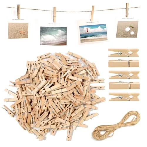 Mini Holzklammern 3,5 cm mit 10 m Juteschnur für Fotos & DIY-Dekoration | Naturholz, 3,5 cm, 10 m Juteschnur, Wiederverwendbar, DIY Basteln, Fotowand, Postkarten, Kleidung, Dekoration, Geschenkideen 150