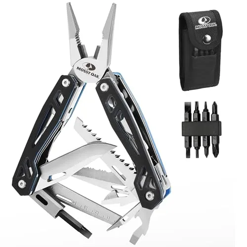 Mossy Oak Multifunktionszange 22-in-1 Multi-Tool Edelstahl Multifunktionale Zange Faltbar Multitool Werkzeug mit 4 Bits, Messer, Lineal, Säge für Wandern Camping Reparieren mit Tragtasche Schwarz