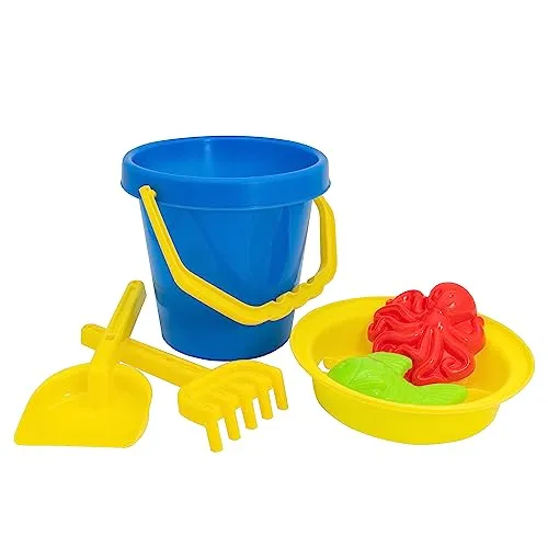 Idena 40241 - Sandspielzeug Set 6 teilig mit Eimer, Sieb, 2 Förmchen, Harke und kleiner Schaufel, verschiedene Farbvarianten
