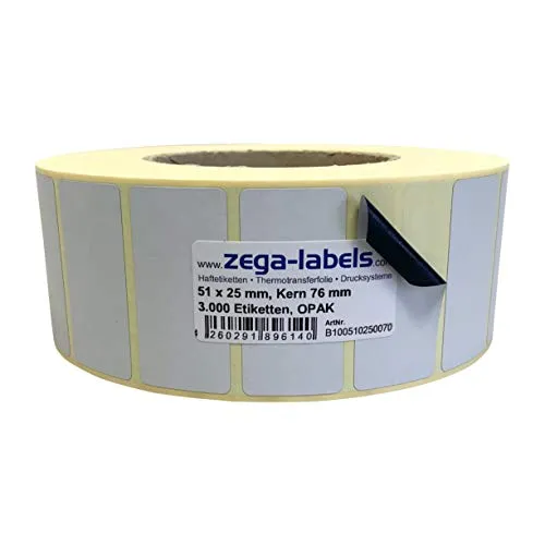 Thermotransfer Etiketten BLICKDICHT OPAK auf Rolle - 51 x 25 mm - 3.000 Stück je Rolle - Kern: 76 mm - aussen gewickelt - permanent haftend - Druckverfahren: Thermotransfer (Drucken mit Farbband)