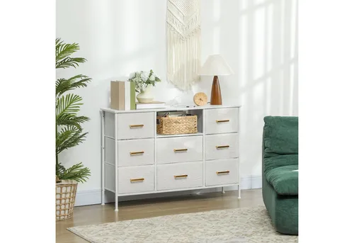 HOMCOM Kommode mit 8 Schubladen und Steckdosenleiste - Kommode & Sideboard mit luxuriösem Bouclé-Stoff-Finish, integriertem USB-Port und großzügigem Stauraum für Ordnung in jedem Raum.