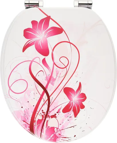 WC Sitz mit Absenkautomatik - Holzkern in Rosa Blumen Design - Hochwertiger Holz WC-Sitz mit Absenkautomatik für leises Schließen. Pflegeleicht und universell passend, bringt ein modernes Design in Ihr Badezimmer.