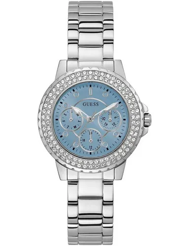 GUESS Lässige Uhr GW0410L1 - Elegante Damenarmbanduhr mit silberfarbenem Edelstahlarmband und eisblauem Zifferblatt. Multifunktionale Hilfszifferblätter für Tag, Datum und 24 Stunden. Wasserdicht bis 30 m – ideal für den Alltag.