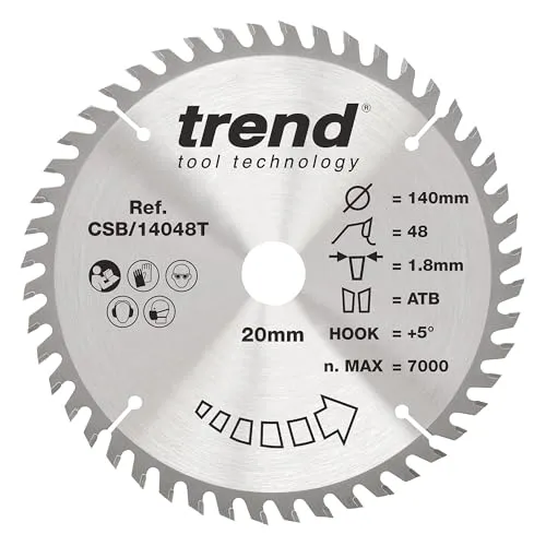 Trend Wood Akku-Kreissägeblatt, 140 mm Durchmesser, 20 mm Bohrung, 48 Zähne, 1,8 mm Schnittfuge, +5° Haken, TCT, feine Oberfläche, CSB/14048T