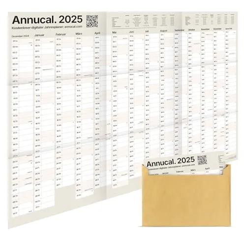 Annucal® XXL Wandkalender 2025 groß, 98 x 68 cm - Design Jahreskalender, gefalzt im Querformat, gefaltet, Wandplaner, Jahresplaner, 2025er Kalender