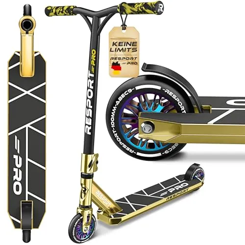 RE:SPORT® Stunt Scooter REVO PRO für Kinder & Erwachsene mit Ständer | Profi Stuntroller 110mm PU Wheels & Y-Bar | Stuntscooter Kickscooter ABEC 9 Kugellager | Tretroller Trickroller (Nova Gold)