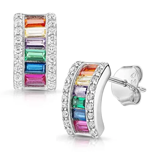 MATERIA Zirkonia Ohrringe Regenbogen bunt gebogen 925 Sterling Silber - Ohrstecker aus 925 Sterling Silber, besetzt mit 6 bunten und 18 weißen Zirkonia. Perfekt für besondere Anlässe und geliefert im edlen Schmuck-Etui.