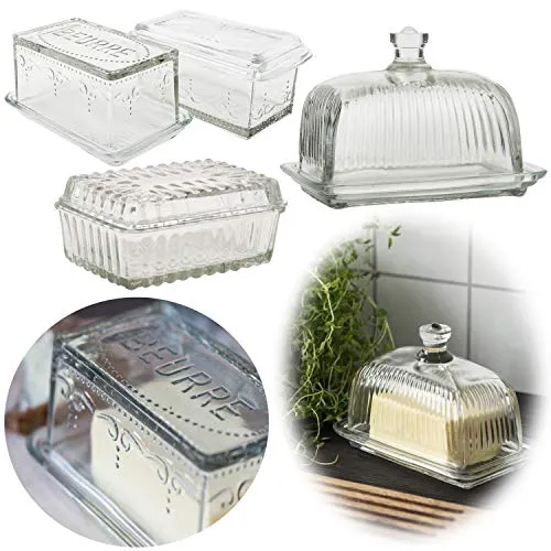 LS-LebenStil Vintage Glas Butterdose mit Deckel Griff 16x10x12cm Beurre Butterglocke Butterschale Butterbehälter Butteraufbewahrung Kühlschrank Frühstück spülmaschinenfest Butterbox