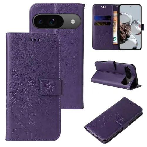 LBH Handy Hülle für Google Pixel 9/9 Pro Case Handytasche Schmetterling Blumen Flower Standfunktion Schutzhülle Magnet Rundum Schutz 360 Grad Flipcase Cover Violett