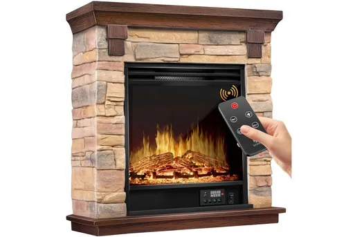 KESSER Elektrokamin Standkamin - Elektrischer Kamin mit 1800W Heizung, LED 3D-Flammeneffekt, Fernbedienung und Timer für gemütliche Abende in Natur Braun