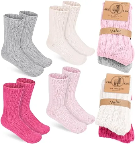 BRUBAKER 4 Paar Kinder Wollsocken - Warme Wintersocken für Jungen und Mädchen - Flauschiges Socken Set mit Schafwolle - Winter Kindersocken - Rosa, Beige, Grau und Pink - Größe 23-26