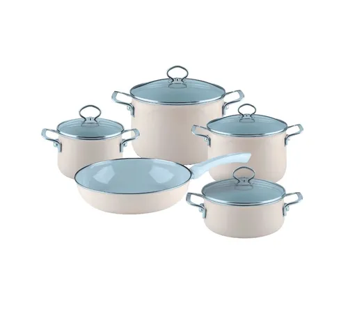 Riess Geschirr-Topfset Nouvelle Avorio 5-teilig - 5-teiliges Emaille-Topfset, ideal für alle Herdtypen inklusive Induktion, kratzfest und antibakteriell für gesundes Kochen.