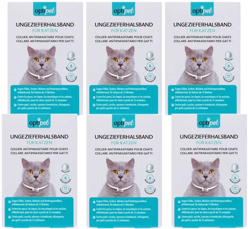 OptiPet x6 Ungezieferhalsband für Katzen – 4 Monate Schutz vor Flöhen & Zecken - Flohhalsbänder für Katzen mit bis zu 4 Monaten zuverlässigem Schutz vor Ungeziefer. Reflektierend, wasserfest und verstellbar bis 35cm für optimalen Tragekomfort.