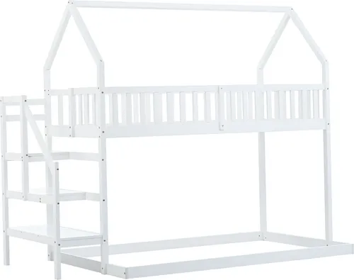 Etagenbett, Hausbett mit Treppe, Kinderbett mit Fallschutz und Gitter Rahmen aus Kiefer, weiß (90x200cm)
