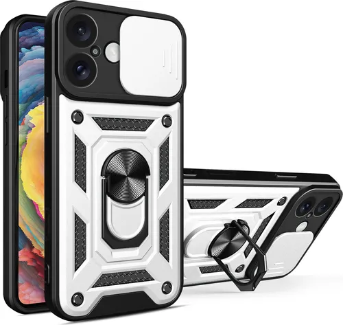 iPhone 16 / 16 Plus Panzerhülle in Silber – Mit Kameraschutz und Ringhalter