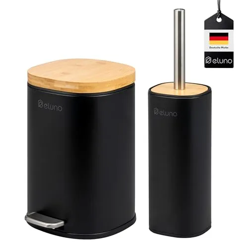 eluno Badaccessoire-Set FRAMURA, 2-teilig aus Metall und Bambus - Stilvolles 2-teiliges Bad-Set mit Kosmetikeimer und WC-Garnitur. Der hygienische Treteimer mit 5 Litern und Soft-Close-Funktion sorgt für Komfort, während die moderne Kombination aus Metall und Bambus Ihr Bad elegant aufwertet.