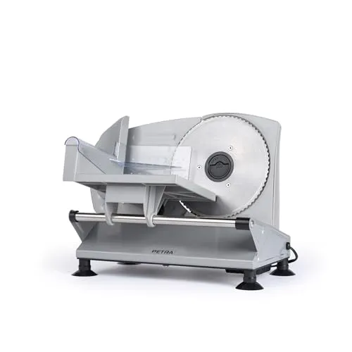 Petra Elektrischer Allesschneider – Küchenschneider für Brot, Käse, Fleisch, Wurstschneidemaschine, 1-15mm Schnittdicke, 3 x 170mm Edelstahl glatte gezackte Klingen, rutschfeste Saugfüße