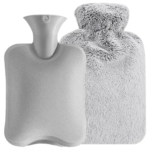 Wärmflasche mit Bezug, Premium Wärmflasche mit Bezug in Kunstfelloptik mit Microfaserbezug in Tierfelloptik, Waschbare Wärmflasche, Langlebig Wärmeflasche für Familie (Grau)