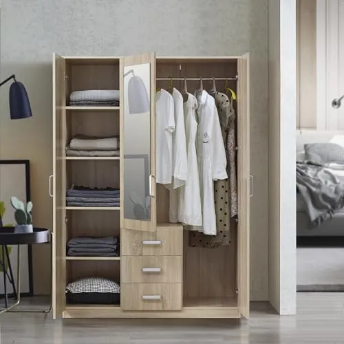 [en.casa] Kleiderschrank Bodolz mit Spiegel und 3 Türen - Kleiderschrank in Sonoma-Eiche, großzügiger Stauraum mit 1 Kleiderstange, 3 Schubladen und 5 Fächern für optimale Organisation und stilvolles Design.