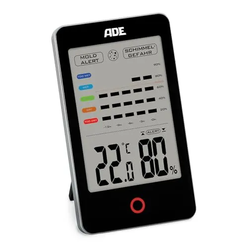 ADE Digitales Hygrometer innen mit Schimmelalarm | Feuchtigkeitsmessgerät mit Thermometer | Temperatur und Luftfeuchtigkeitsmesser | großes LCD-Display | schwarz