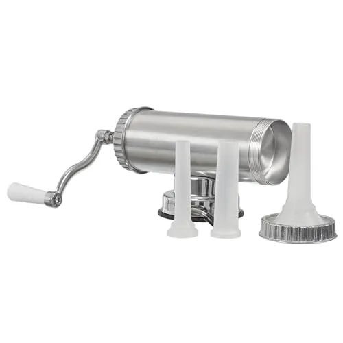 Professionelle Wurstmaschine mit 3 Düsen – Manueller Wurstfüller - Fleischwölfe für DIY Wurstherstellung – 3 Fülltüllen für verschiedene Wurstgrößen, leicht zu reinigen und aus robustem Edelstahl gefertigt.