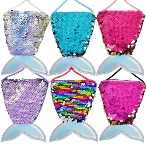 SALLYFASHION Meerjungfrau Tasche 6 Stück, Pailletten Geldbörse für Kinder Party Mitgebsel Geburtstag, Glitzer Täschchen Set für Fasching Kostüm Outfit