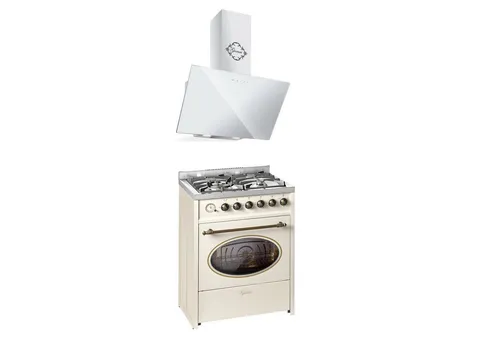 GURARI Gas-Standherd Retro Gas Elektro Standherd 60 cm Erdgas Fl.Gas 4 Kw WOK, 8 Funktionen+Dunstabzugshaube 60cm E 614 Cr r+GCH D 286 WH 6 PRIME N, mit 1-fach-Teleskopauszug