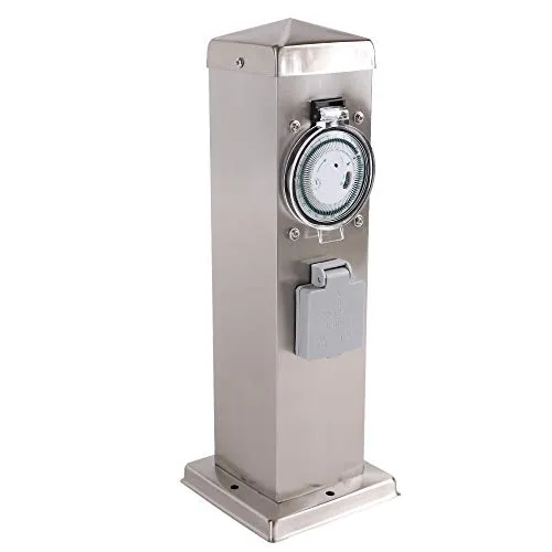 Edelstahl Steckdosensäule 2-fach mit Timer - Wetterfeste 2-fach Steckdosensäule aus Edelstahl (IP44) für den Garten, mit programmierbarem Timer für automatische Steuerung von Beleuchtung und Bewässerung.