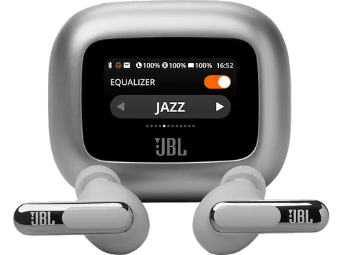 JBL Live Beam 3 Silber - In-Ear-Kopfhörer mit Touchscreen Ladecase, IP55-zertifiziert und aktivem Noise Cancelling für ungestörten Musikgenuss