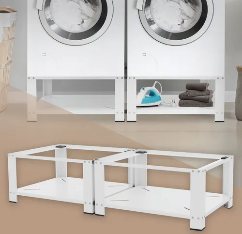 ML-Design Doppel Waschmaschinen Untergestell mit Ablagen, Weiß - Podeste & Rahmen für Waschmaschinen, ergonomisch und rückenschonend, mit stabiler Traglast von 2x150kg und praktischem Ablagefach für Waschmittel.