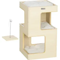 PawHut Katzenhöhle - 3-stufiger Katzenschrank mit Kissen, elegantes Design und gefedertes Mausspielzeug für stundenlangen Spielspaß