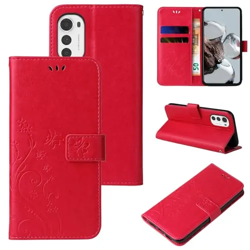 LBH Handy Hülle für Motorola E32 Case Handytasche Schmetterling Blumen Flower Standfunktion Schutzhülle Magnet Rundum Schutz 360 Grad Flipcase Cover Rot