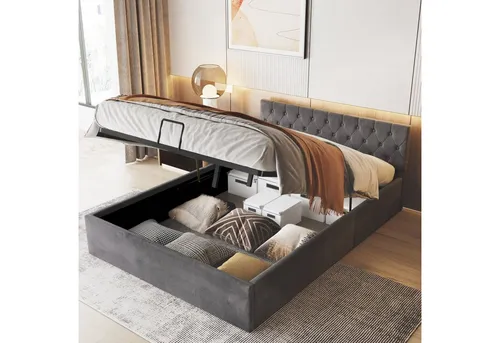 OKWISH Polsterbett Doppelbett (Hydraulisch anhebbarer Bettstauraum, Doppelbett mit Gepolstertes Kopfteil und Lattenrost, Samt-Stoff), 140 x 200cm