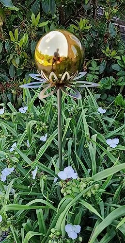 Jürgen Bocker Garten-Ambiente Blütenzauber Paris Rosenkugel 10 cm Edelstahl Gartenstecker Deko mit Stab 80 cm (Gold poliert)