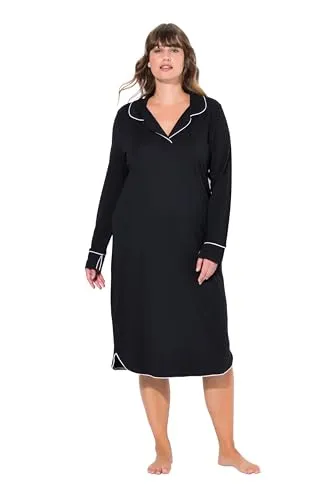 Ulla Popken Damen große Größen Übergrößen Plus Size Nachthemd, Zierpaspel, Reverskragen, Langarm schwarz 50+ 812447100-50+