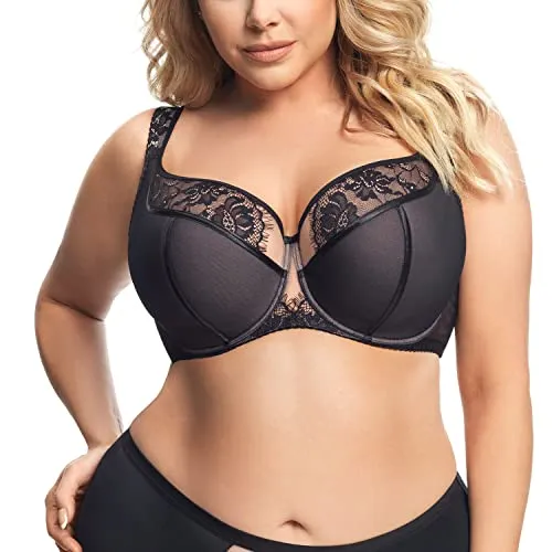 Gorsenia Dame Halbversteifter BH Träger Tüll Spitze Netz K647 Alicante, Schwarz,75K
