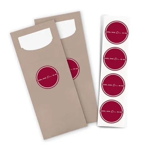 itenga 24x Bestecktaschen Pochetten aus Papier inkl. Serviette „Schön, dass du da bist“ V3 – ca. 20 x 8,5 cm – ideal für Hochzeit, Taufe, Geburtstag – in 13 Farben erhältlich (bordeaux rot)