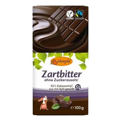 Birkengold Zartbitter Schokolade 100g | Schokolade ohne Zuckerzusatz | 55% Kakaoanteil | nur mit europäischem Xylit gesüßt | Fairtrade | vegan | vegane Schokolade ohne Zucker