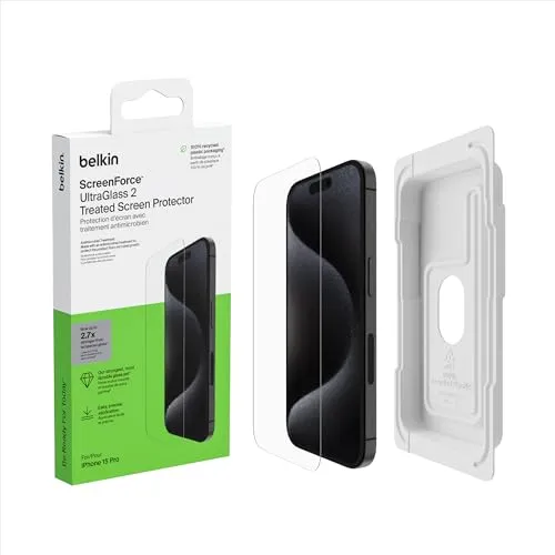 Belkin Gehärtetes Glas für iPhone 15 Pro - Displayschutzfolie aus robustem Hartglas mit Anti-Fingerabdruck- und Anti-Kratz-Funktion, idealer Schutz für dein iPhone 15 Pro.