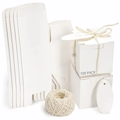 Belle Vous Weiße Pappschachteln mit Deckel (100 Stk) - 5 x 5 x 5 cm - Quadratische Kraftpapier Box mit Juteschnur & Tags für Basteln, Party & Hochzeit Gastgeschenke - Leicht Aufzubauen
