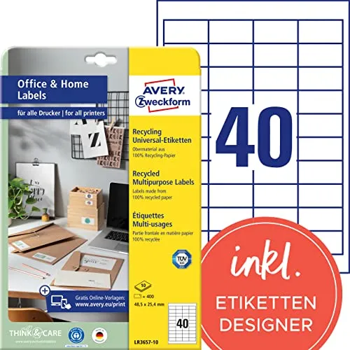 AVERY Zweckform LR3657-10 Recycling Etiketten (400 Klebeetiketten, 48,5x25,4mm auf A4, 100% recyceltes Altpapier, individuell bedruckbar, selbstklebende Aufkleber) 10 Blatt, naturweiß